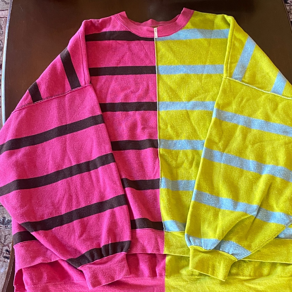 $128 Free People Colorblock Striped Crewneck Sweater - Hot Pink & Lemon - Picture 6 of 7